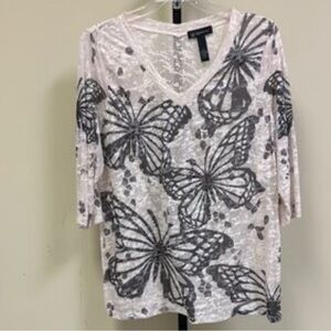 INC Women's Cream and Black Butterfly Top see through